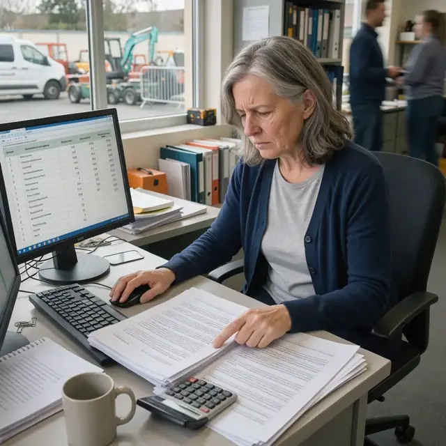 a worker at a desk assembling line items from rental agreements into an invoice on a computer screen