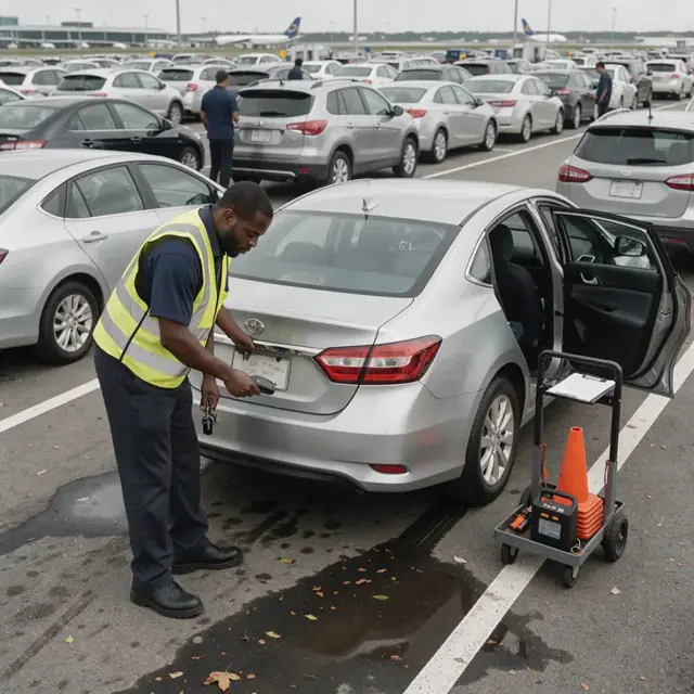 a worker checking license plates and moving a sedan from one section of a large airport rental lot to another
