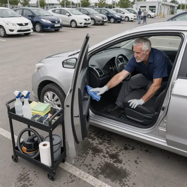 a worker wiping down the interior of a compact sedan with cleaning supplies arranged on a rolling cart in a paved rental lot