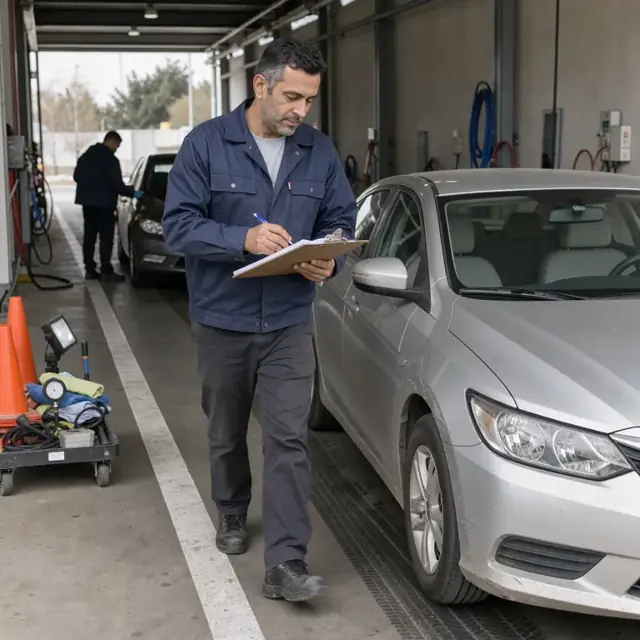 a worker walking around the front corner of a returned sedan with a clipboard noting exterior condition in a return lane