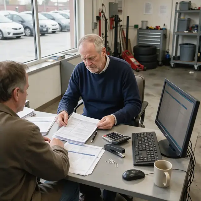 a desk with printed lease applications, credit reports and vehicle specification sheets spread out beside a computer monitor