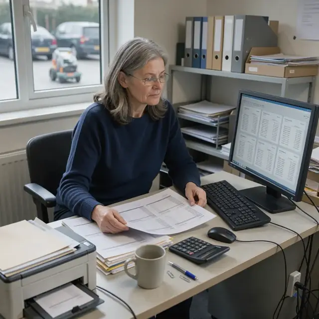 a person at a desk reviewing printed lease payment reports and bank statements on a computer screen