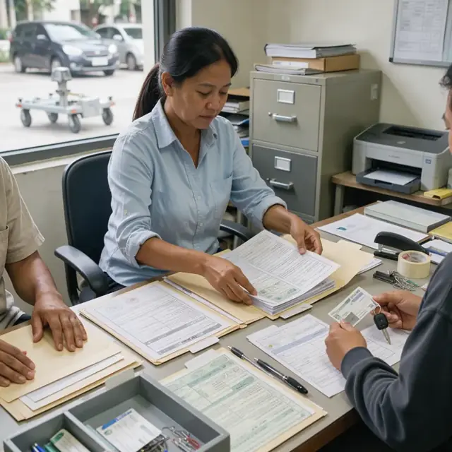 a desk covered with state registration forms, insurance cards and vehicle title documents being organized into folders