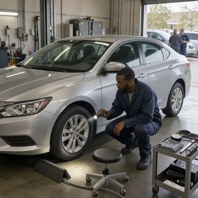 a technician using a flashlight to inspect the body panels and tires of a returned sedan parked in an inspection bay