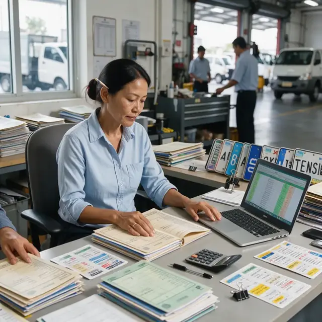 a desk covered with vehicle title folders, registration stickers and a laptop displaying a fleet status spreadsheet next to a row of license plates