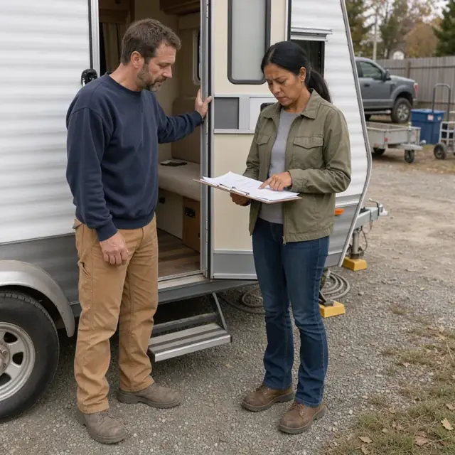 a customer standing at the open door of a rented travel trailer in a yard reviewing paperwork with a clipboard in hand