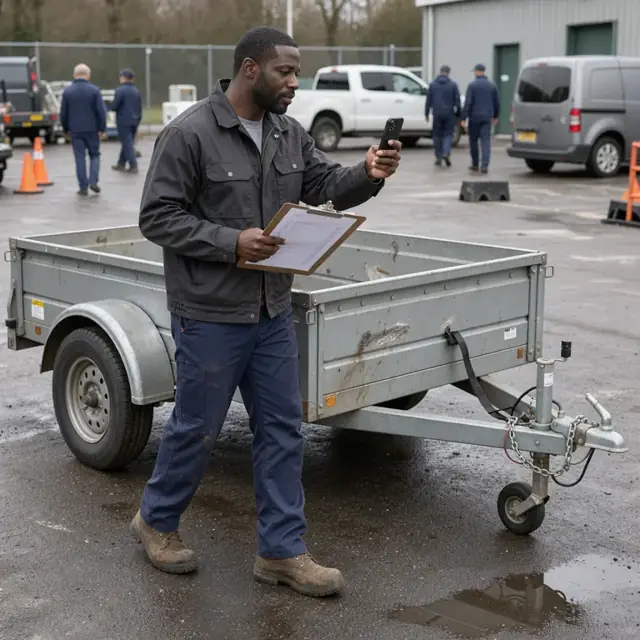 a worker walking around a returned utility trailer with a clipboard noting tire condition while photographing the sides and hitch