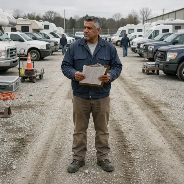 a worker standing in a large gravel yard looking at rows of parked RVs and trucks while holding a clipboard with seasonal notes