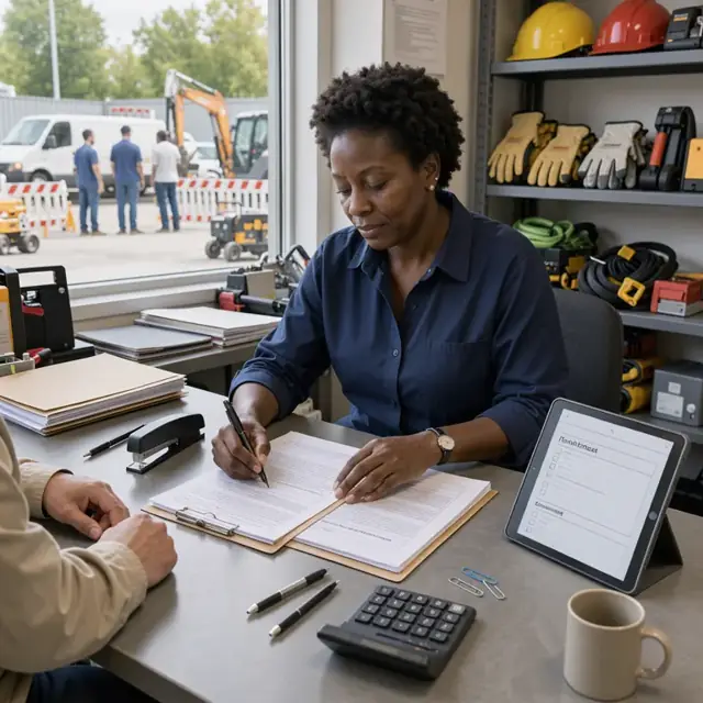 a worker at a desk preparing rental contract documents beside a tablet displaying contract terms