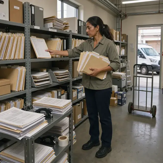 a worker organizing folders containing rental agreements and inspection logs on shelves in an office file room