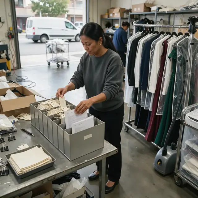 a worker sorting garment tags and rental agreements in a file organizer next to a rack of cleaned formal wear