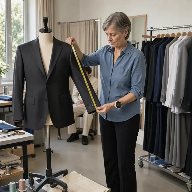 a worker measuring the sleeve length of a suit jacket on a mannequin next to a rack of formal wear in a fitting area