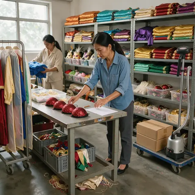 a worker organizing and counting rows of colorful costumes and accessories on shelves in a storage room