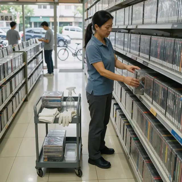 a store employee placing rows of freshly cleaned disc cases back onto labeled genre shelves in the main aisle