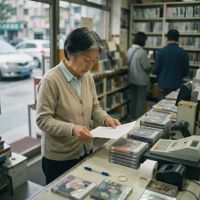 a store employee at the counter reviewing a list of overdue disc cases stacked beside the cash register