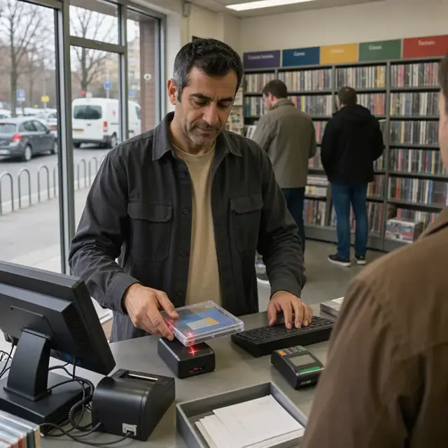 a store employee scanning a plastic disc case at the front counter with a row of genre shelves behind