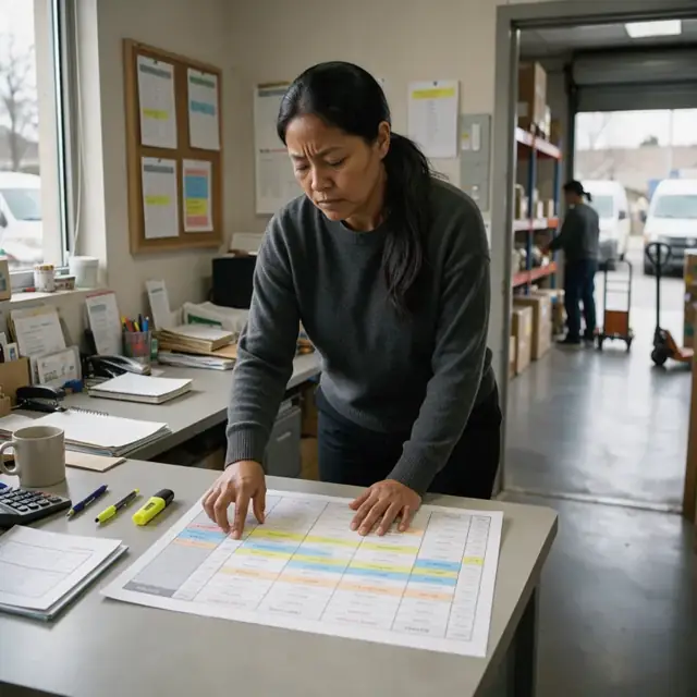 a store manager standing at a back office desk reviewing a printed weekly schedule calendar with time blocks highlighted