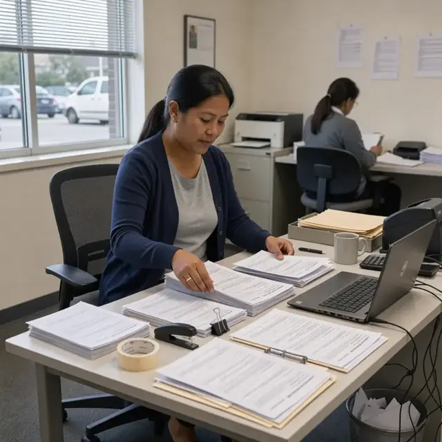 a worker organizing stacks of insurance forms and patient authorization letters on a desk beside a laptop in a quiet office