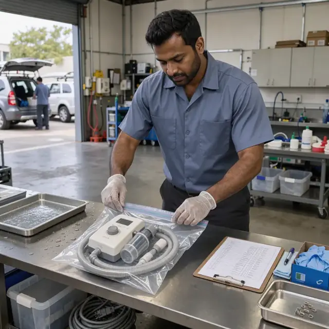 a worker placing a freshly cleaned CPAP machine into a sealed plastic bag on a workbench with a clipboard of maintenance logs beside it