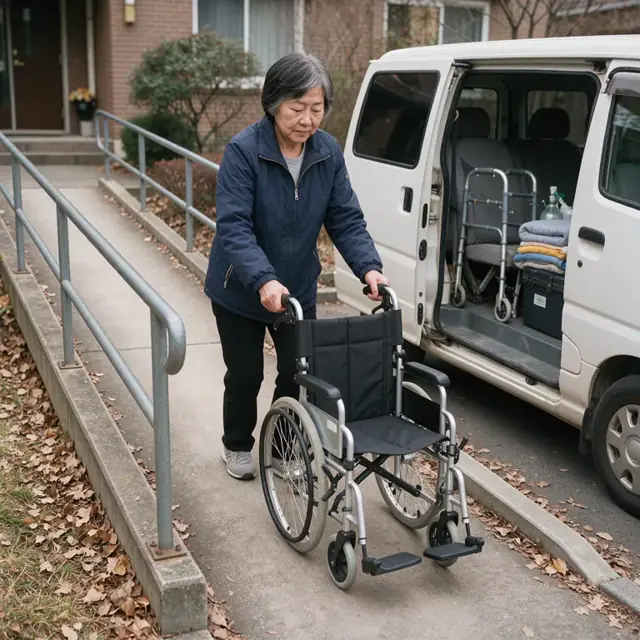 a worker wheeling a folded wheelchair down a residential ramp toward an open van with other medical equipment visible inside