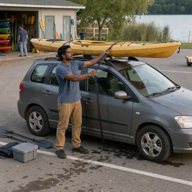a customer loading a cleaned and strapped kayak onto a roof rack at the edge of a parking lot beside a lakeside rental facility