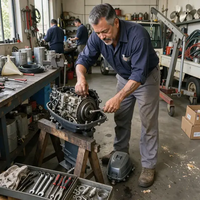 a worker performing maintenance on an outboard motor mounted on a sawhorse in a well-lit workshop surrounded by tools and spare parts