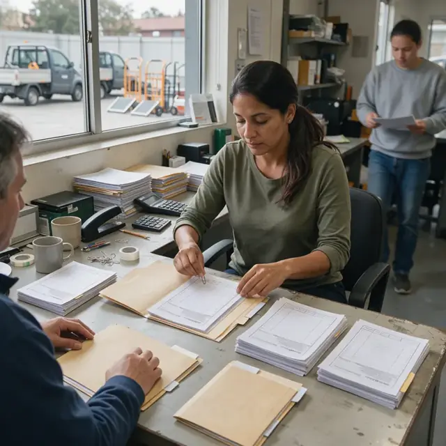 a worker at a desk organizing stacks of printed rental forms and attaching them to customer folders