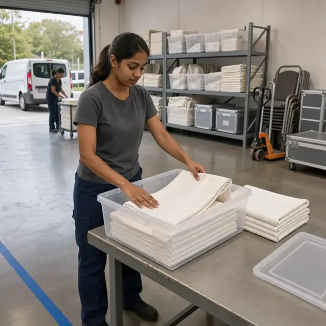 a worker packing a clean white tablecloth into a clear plastic bin inside a neatly organized rental supply room