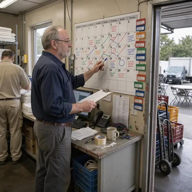 a worker reviewing a large wall calendar marked with party rental dates and color-coded truck routes in a back office
