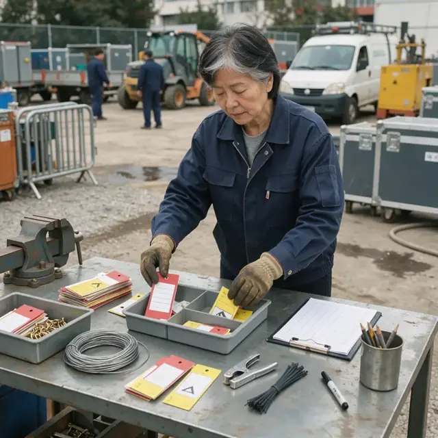 a worker organizing safety labels and inspection tags on a workbench in an equipment storage yard
