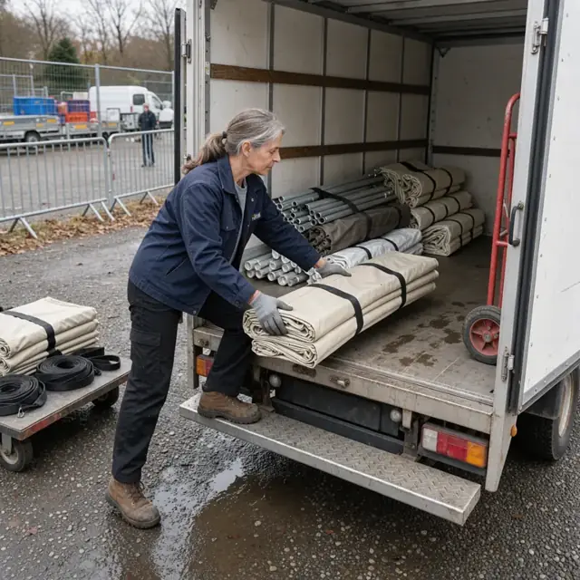 a worker loading folded event tents into the back of a box truck parked at a fenced equipment yard