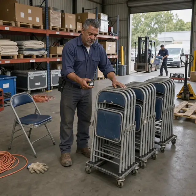 a worker counting stacks of folding chairs inside a large warehouse bay with tall metal shelving