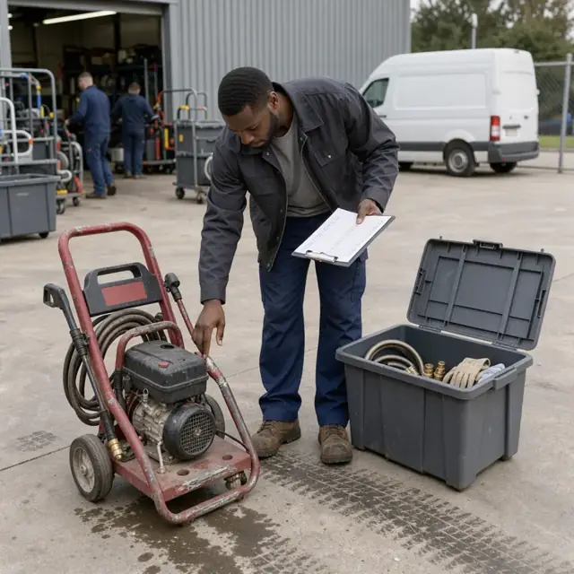a worker examining a returned power washer for dents and wear while holding a checklist beside an open storage bin