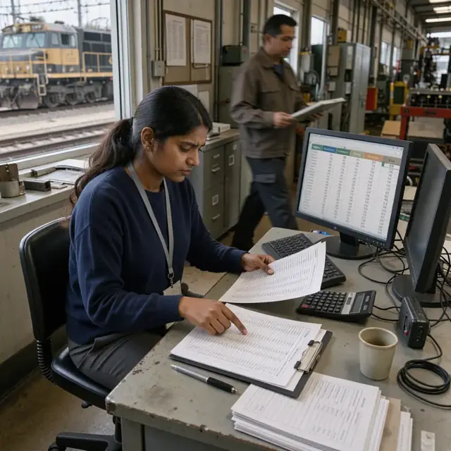 a person at a workstation reviewing printed usage logs and a spreadsheet showing hours and mileage for a leased locomotive