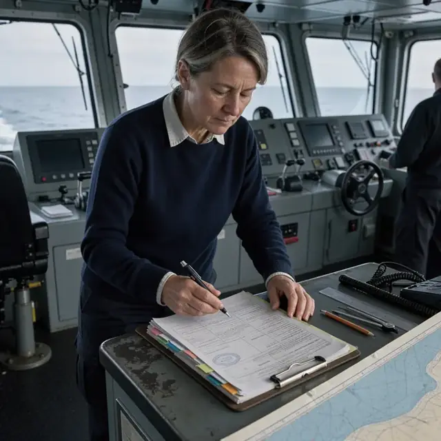 a clipboard holding a stack of marine survey reports and certificates resting on a chart table inside a ship bridge