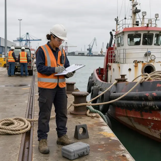 a dock worker in safety gear standing beside a moored tugboat with a clipboard checking items on a pre-departure checklist