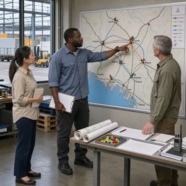 a logistics planner pointing at a large wall map showing rail lines, ports and aircraft routes with colored pins marking equipment locations