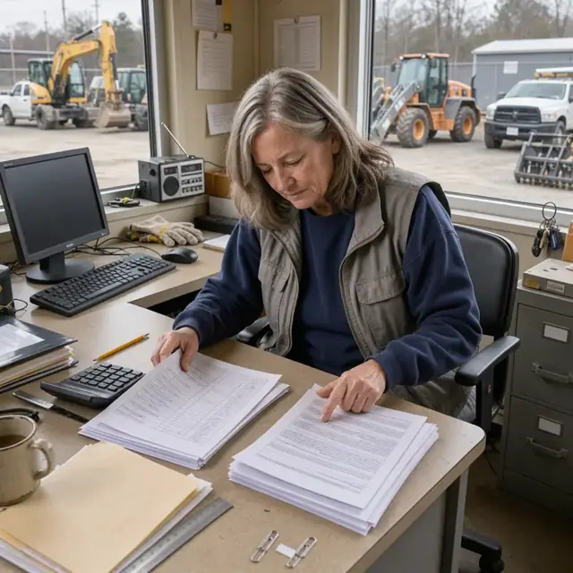 a worker at a desk comparing equipment utilization logs with rental contracts in a yard office overlooking parked machinery