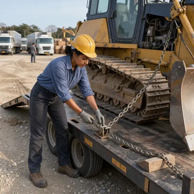 a worker securing tie-down chains on a bulldozer loaded on a low-boy trailer in an equipment yard with transport trucks lined up nearby
