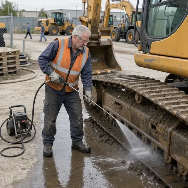 a worker in safety vest pressure-washing the undercarriage of an excavator inside a fenced yard surrounded by other heavy machines
