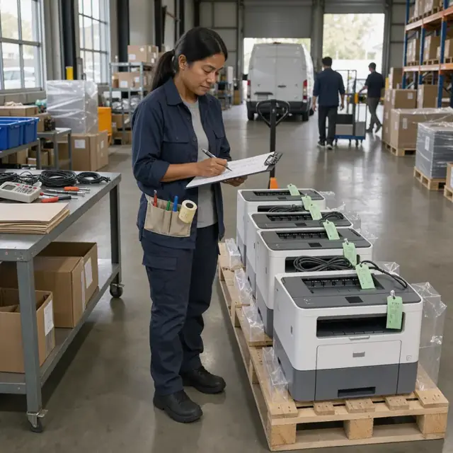 a technician in a warehouse reviewing a clipboard checklist next to a row of tested and tagged office printers ready for delivery
