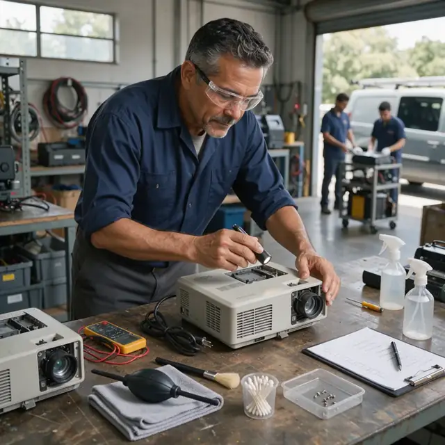 a technician inspecting a returned office projector on a workbench with cleaning supplies and a checklist clipboard nearby