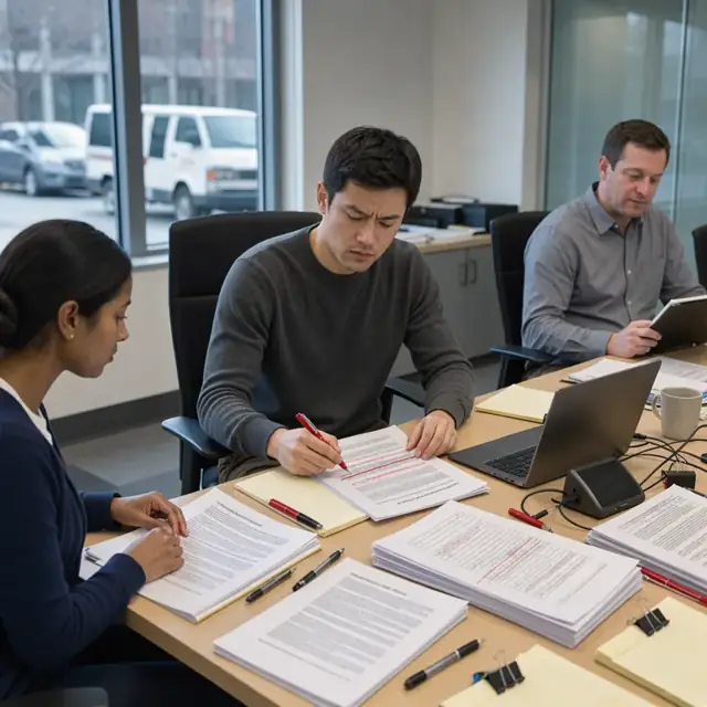 a conference table covered with printed license agreements, redline markup pens and stacks of patent abstracts