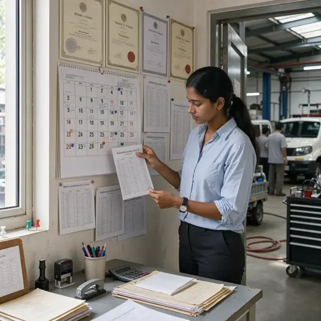 a large wall calendar with pinned patent and trademark certificates surrounded by official renewal notices and fee schedules