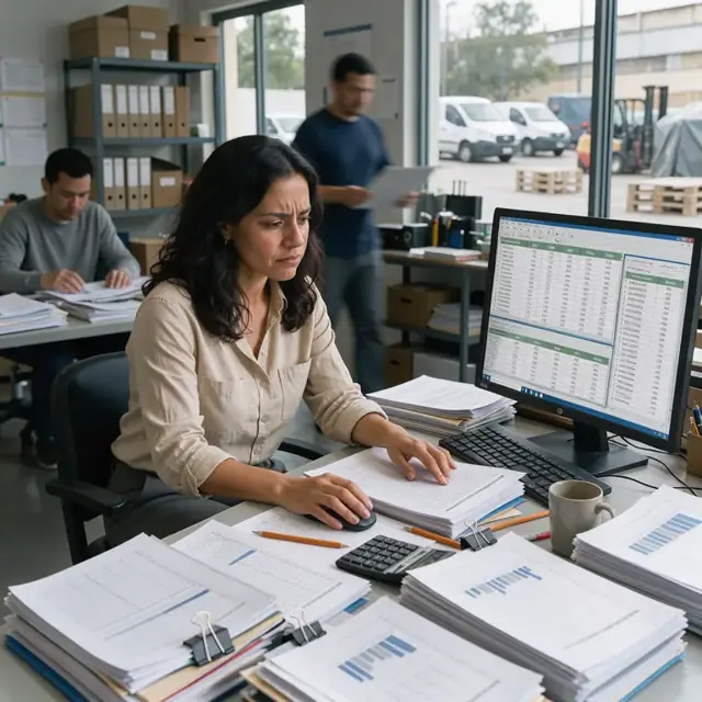 a workspace with multiple spreadsheets open on a monitor showing royalty calculations alongside stacks of licensee sales reports