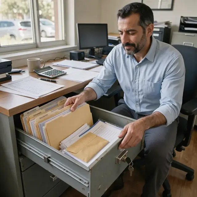 an open file drawer containing folders labeled for bar licenses, insurance policies and CLE records beside a desk with a renewal checklist