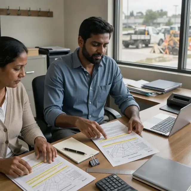 a worker comparing a printed title commitment against highlighted county recorder documents spread across a conference table