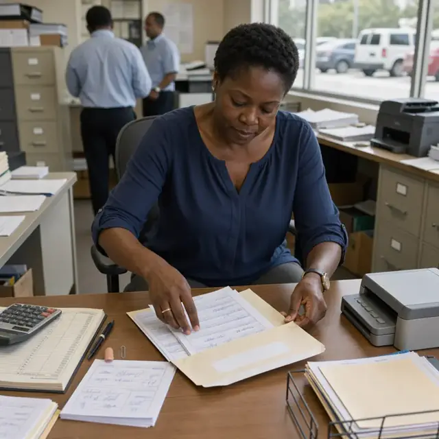 a worker placing signed loan documents into an overnight envelope for county recording next to a calculator and trust account ledger
