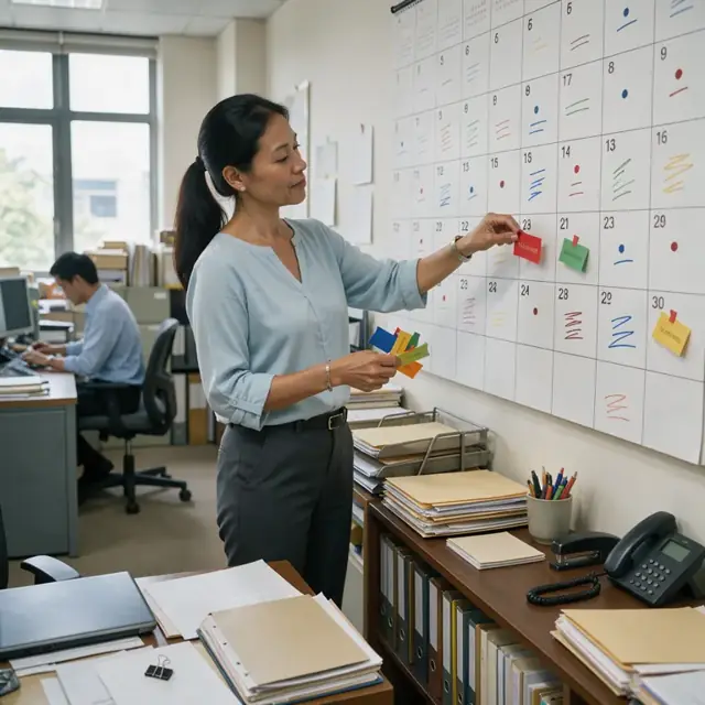 a person updating a large wall calendar covered in colored deadline flags inside a law office
