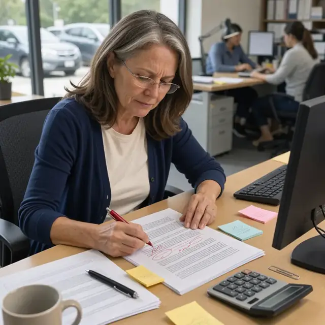 a person marking up a printed contract page with red ink and sticky notes at a quiet office desk